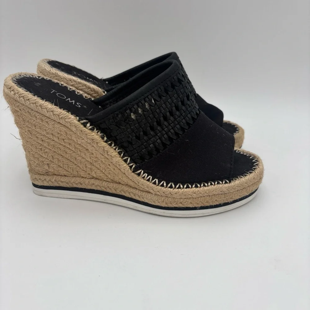 TOMS Black Woven Wedges with‎ Tan Espadrille